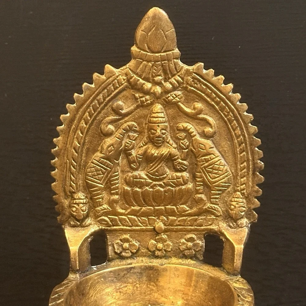 Vintage Brass Kamatchi Amman Vilakku, Gajalakshmi Oil Lamp, Diya, Petina, Marked